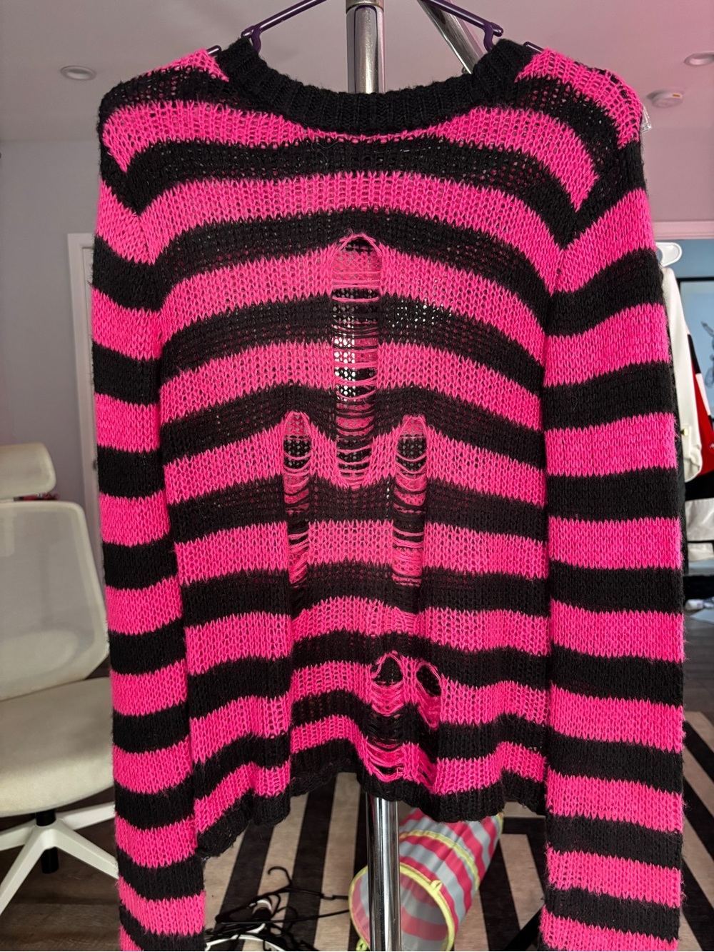 Tripp Distressed Striped Crewneck Sweater - Pink & Black